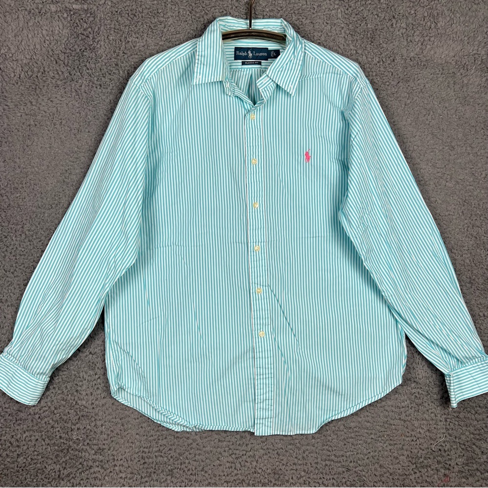 Ralph Lauren Classic Fit Button Up‎ Shirt Mens Large Pink Pony Aqua Blue Striped